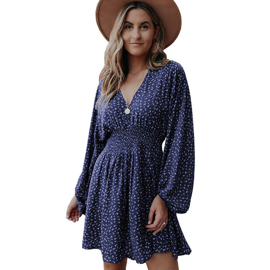 Polka Dot V-neck Long Sleeve Pleated Waist Dress