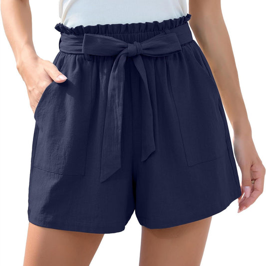 Ruffle Bow Waist Tie Shorts With Pockets