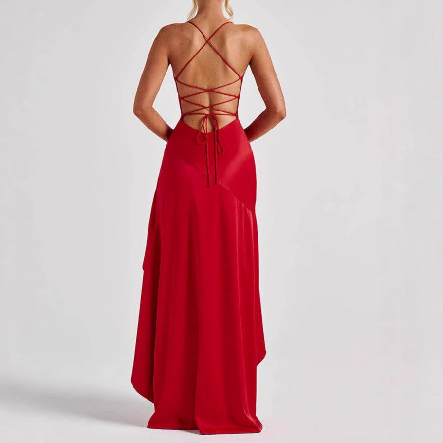 Satin Ruffles Backless Lace-up Dress