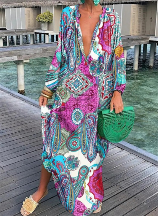 Printed Long Sleeve V-Neck Swing Loose Long Dress