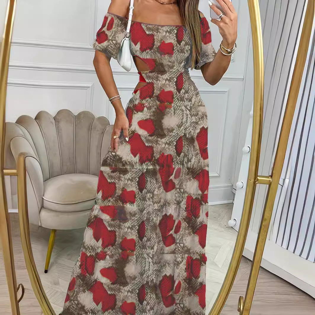 Printed Off-shoulder Waist Cut-out Long Dress