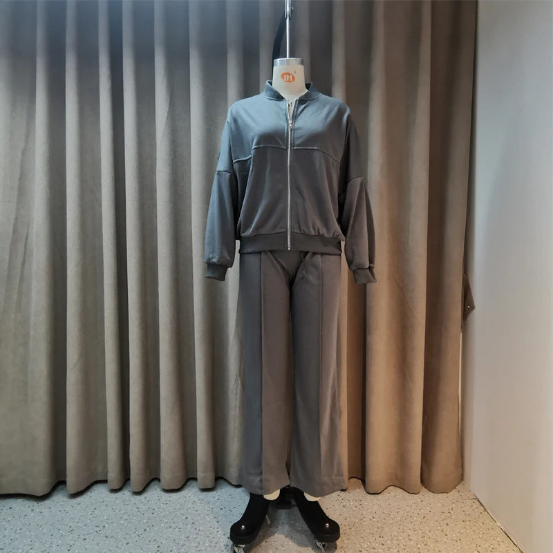 Solid Color Loose Zip Sweater & Casual Trousers Co-ord Set