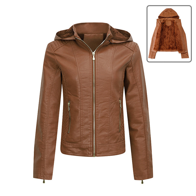 Fleece Lined Hooded Leather Jacket With Pockets