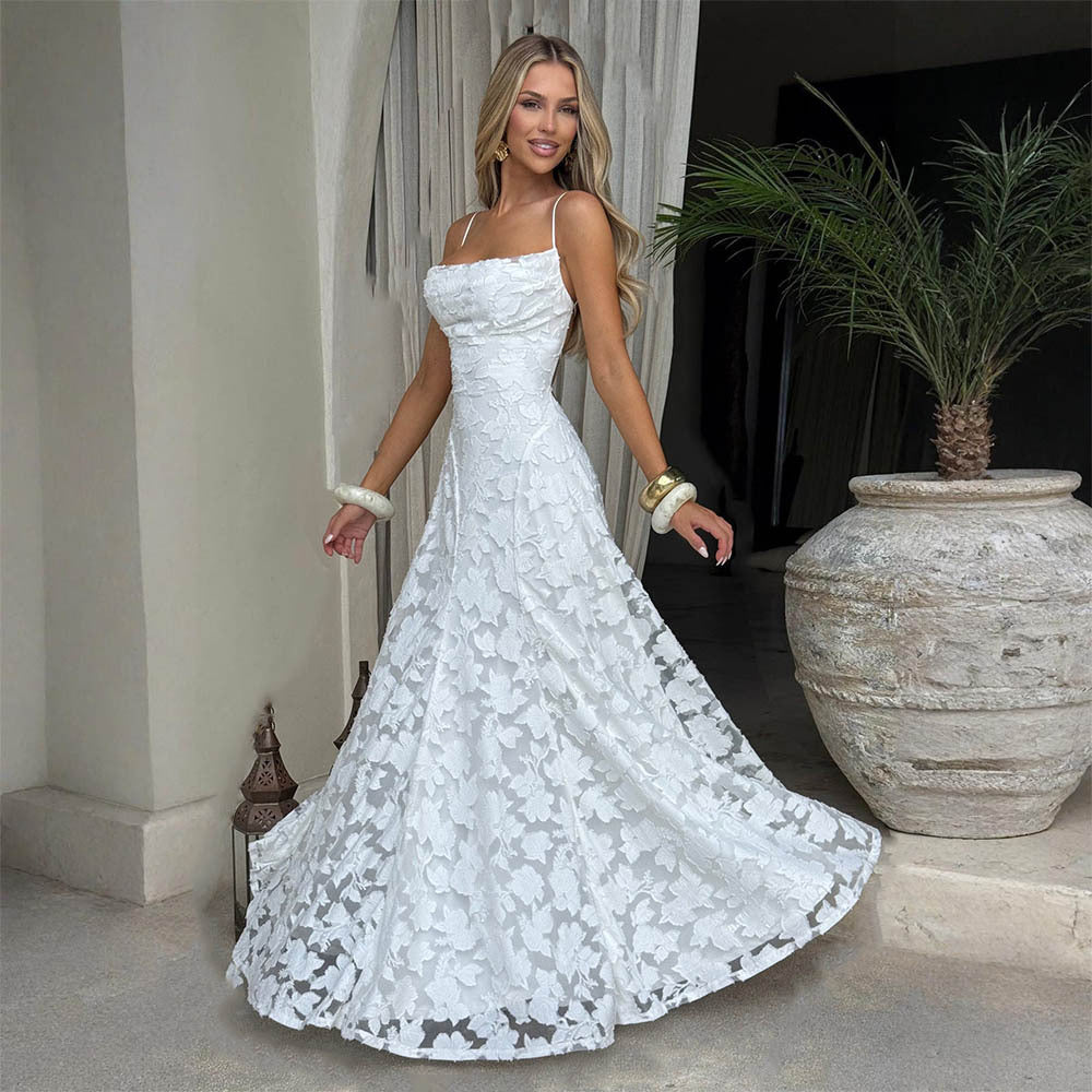 Lace Long Elegant Backless Tie-up Dress