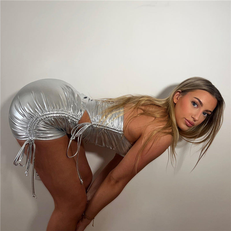 Metallic Drawstring Bodysuit with Skirt