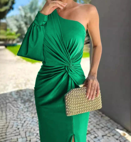 One Shoulder Knot Slit Solid Color Slim Fit Dress