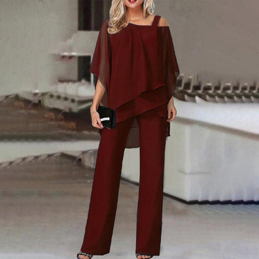 Asymmetrical Batwing Sleeve Top & Straight Trousers Co-ord Set