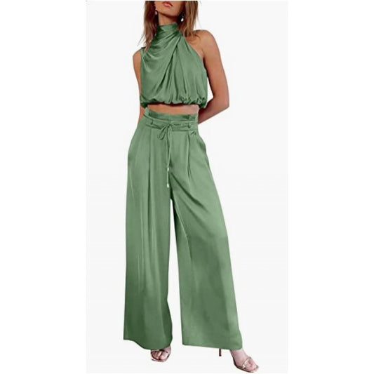 Sleeveless Midriff-baring Top & Wide Leg Pants Co-ord Set