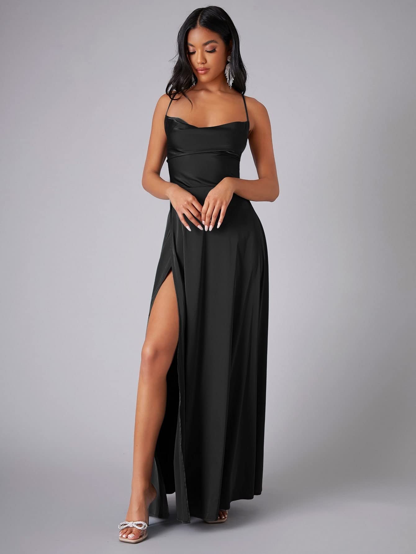 Satin Cowl Neck Wrap Style Gown Dress