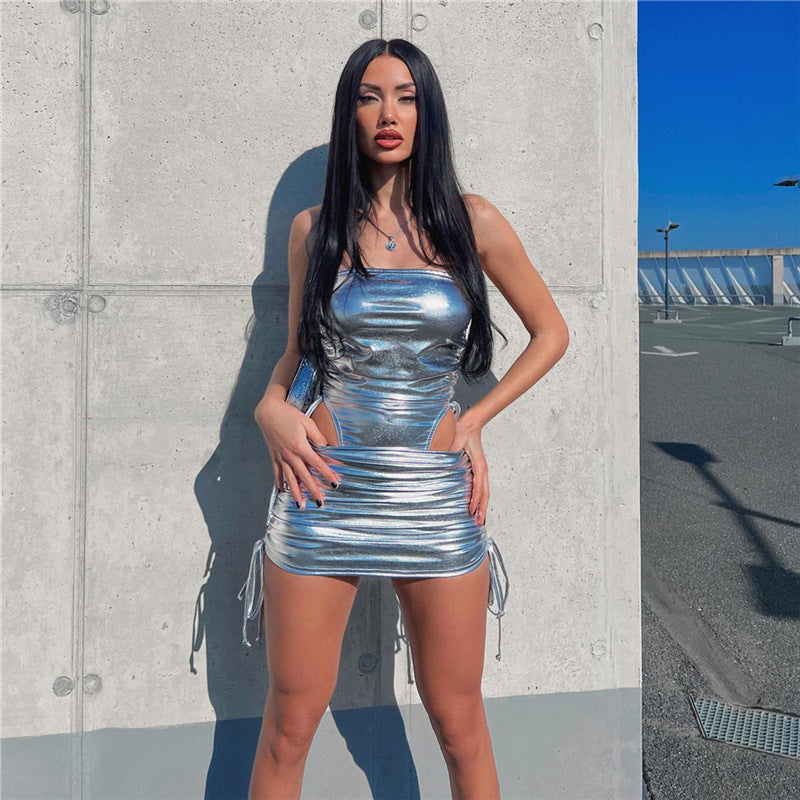 Metallic Drawstring Bodysuit with Skirt