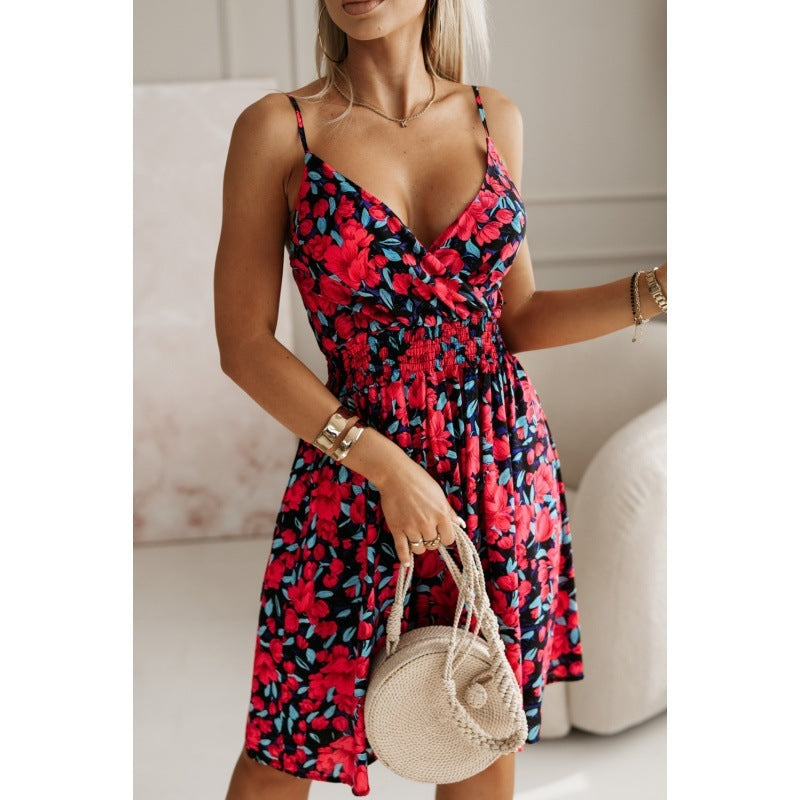 Flowers Print Summer V-Neck Pleated Short Dress