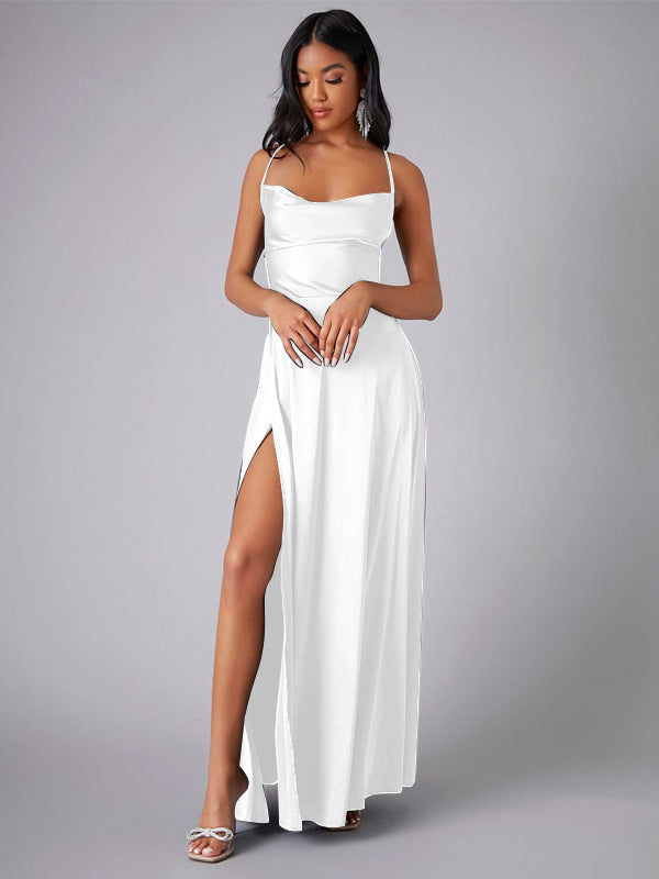 Satin Cowl Neck Wrap Style Gown Dress