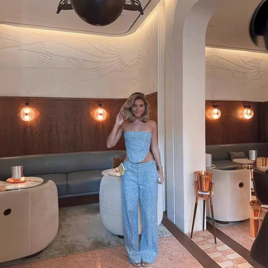 Sexy Denim Sequined Slim-fit Co-ord Set