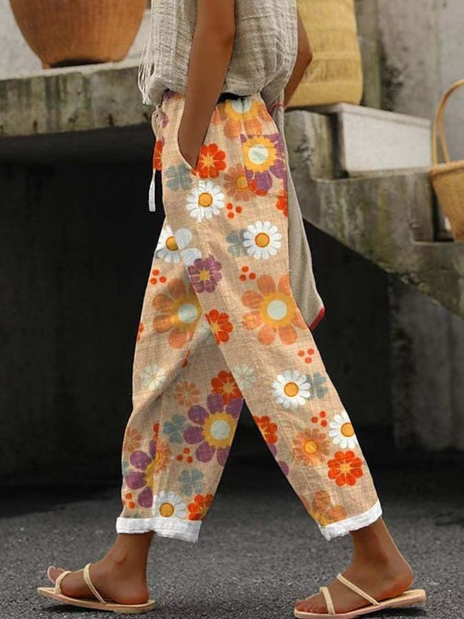 Casual Printed Elastic Waist Cropped Straight Pants with Pocket