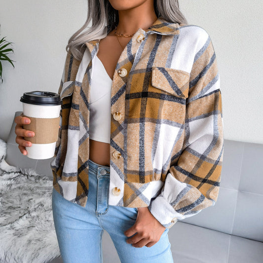 Loose Button Long Sleeve Plaid Lapel Cropped Jacket