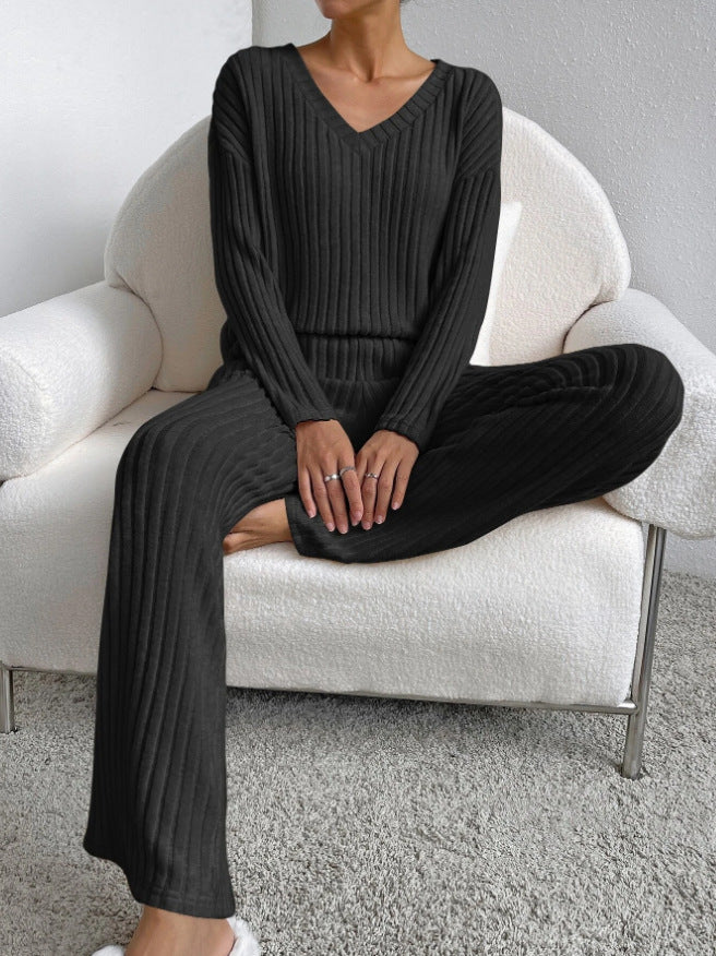 Solid Striped V-neck Long-sleeved Top & Casual Straight Pants Co-ord Set