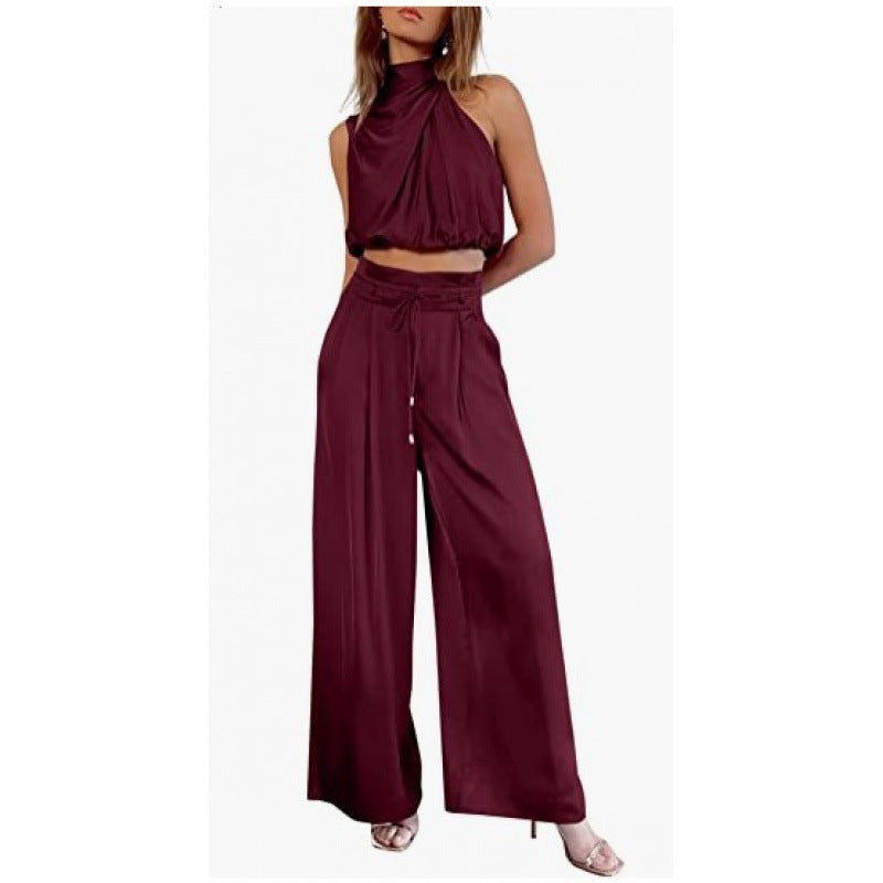 Sleeveless Midriff-baring Top & Wide Leg Pants Co-ord Set