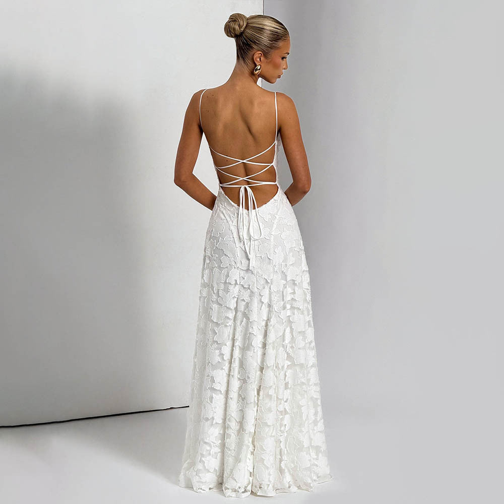 Lace Long Elegant Backless Tie-up Dress