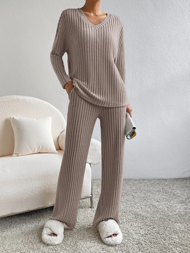 Solid Striped V-neck Long-sleeved Top & Casual Straight Pants Co-ord Set