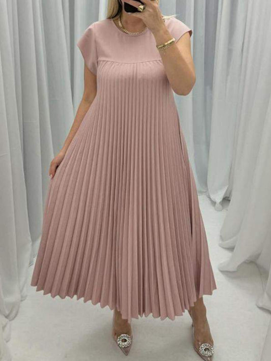 Short Sleeve Pleated Long Round Neck Summer Dress
