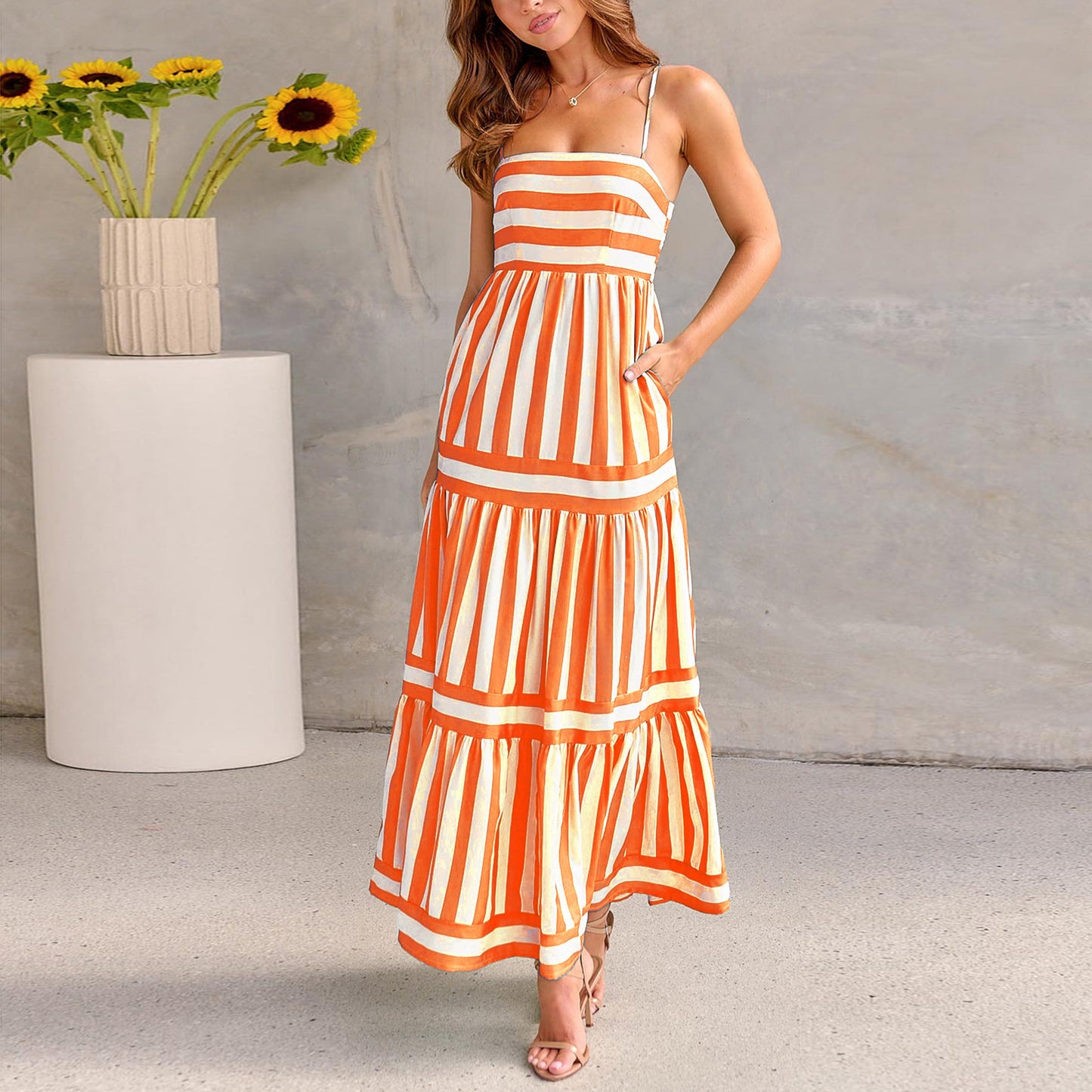 Striped Printed Long Summer Dress With Pockets