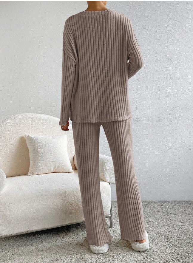 Solid Striped V-neck Long-sleeved Top & Casual Straight Pants Co-ord Set