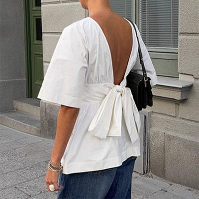 Backless Short Sleeve Top With Bow-tie
