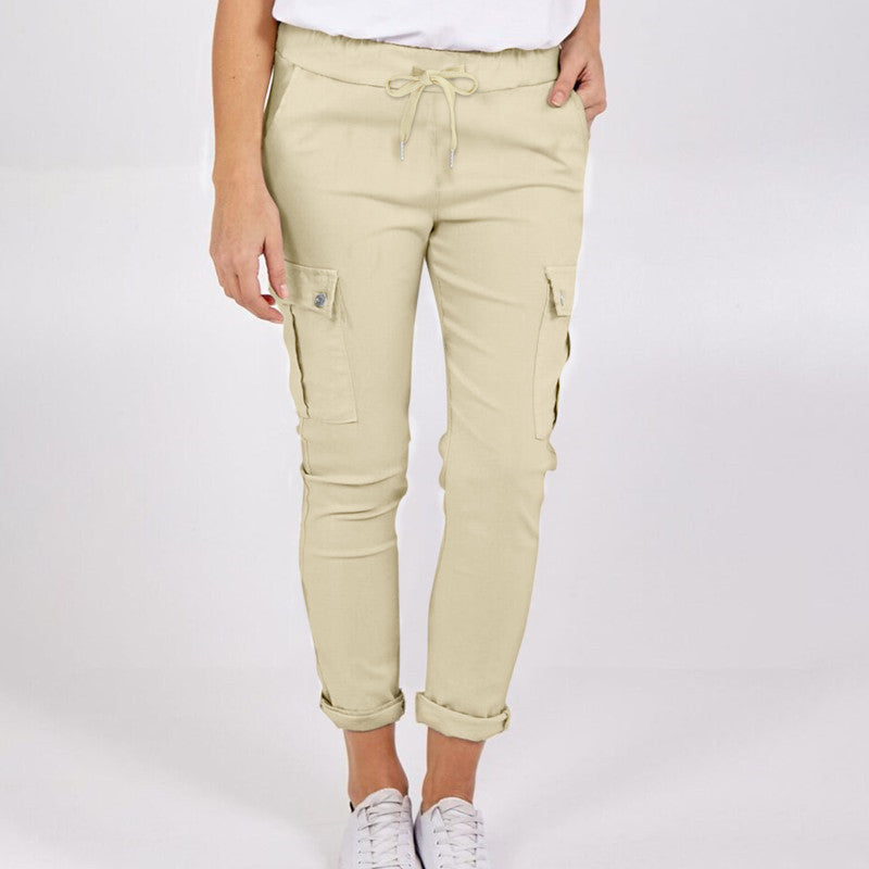 Pencil Casual Cargo Pants With Pockets & Drawstring Waist