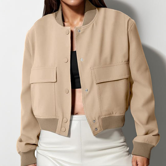 Cropped Button Stand-collar Jacket With Big Pockets