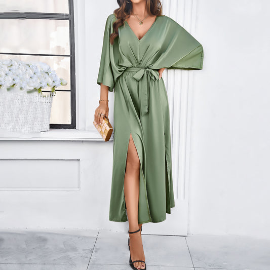 Bat Sleeve Long-sleeved V-neck Dress With Slit