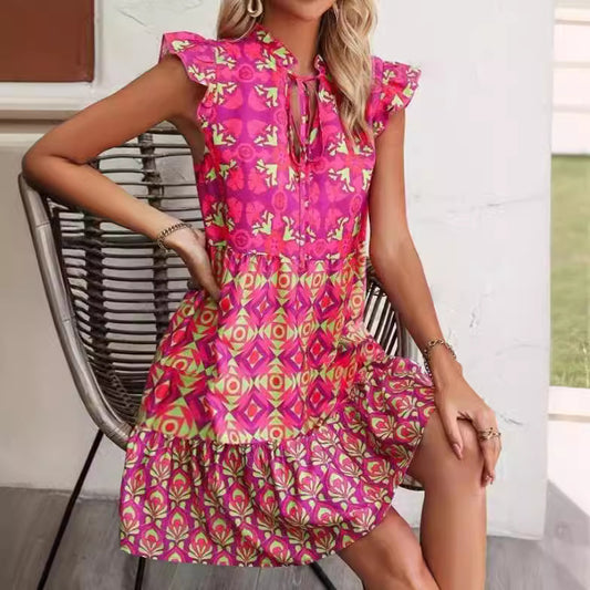 Printed V-Neck Sleeveless Dress