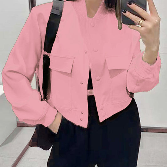 Cropped Button Stand-collar Jacket With Big Pockets