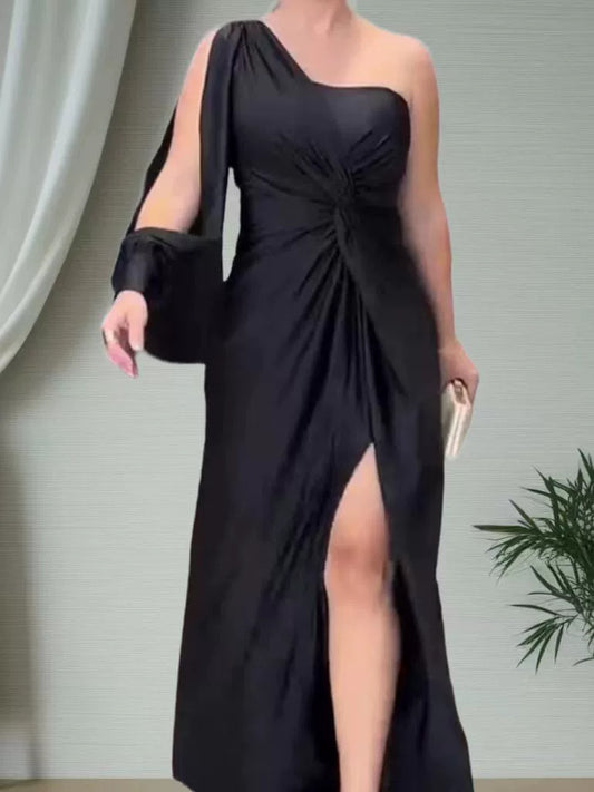 One Shoulder Knot Slit Solid Color Slim Fit Dress
