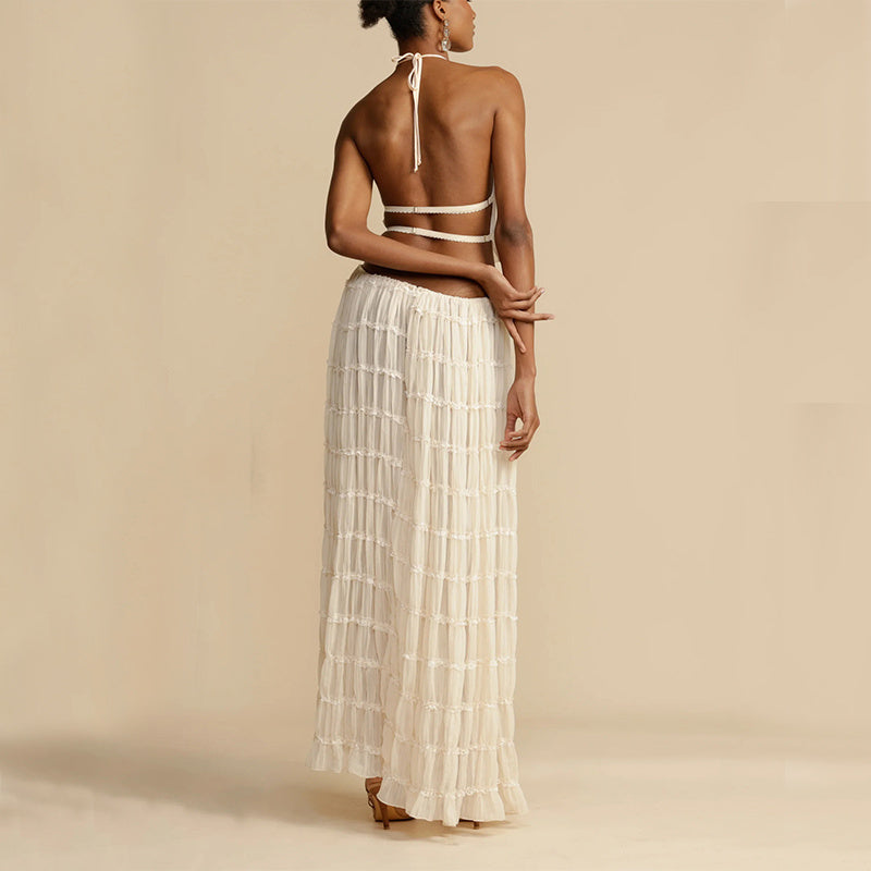 Sheer Backless Cropped Halter Top And Pleated Long Dress Co-ord Set