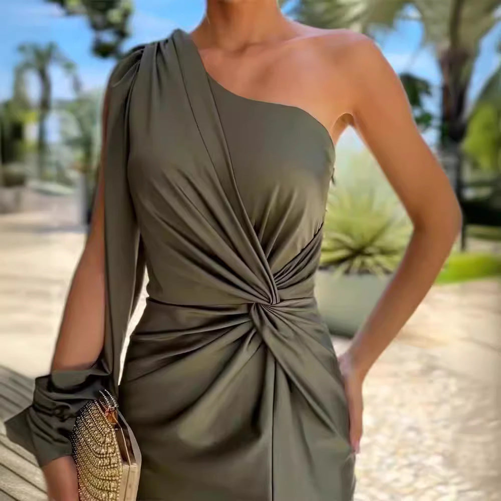 One Shoulder Knot Slit Solid Color Slim Fit Dress