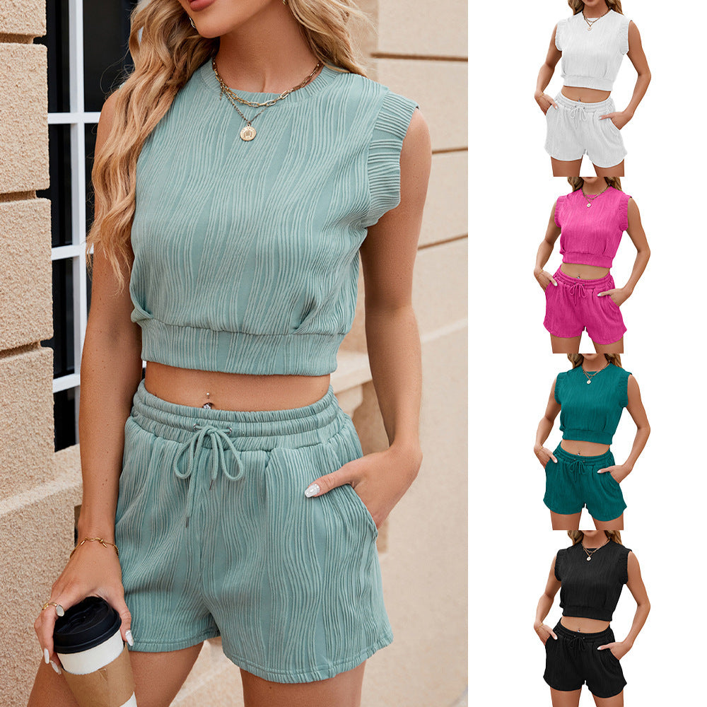 Round Neck Sleeveless Top And Drawstring Shorts Set