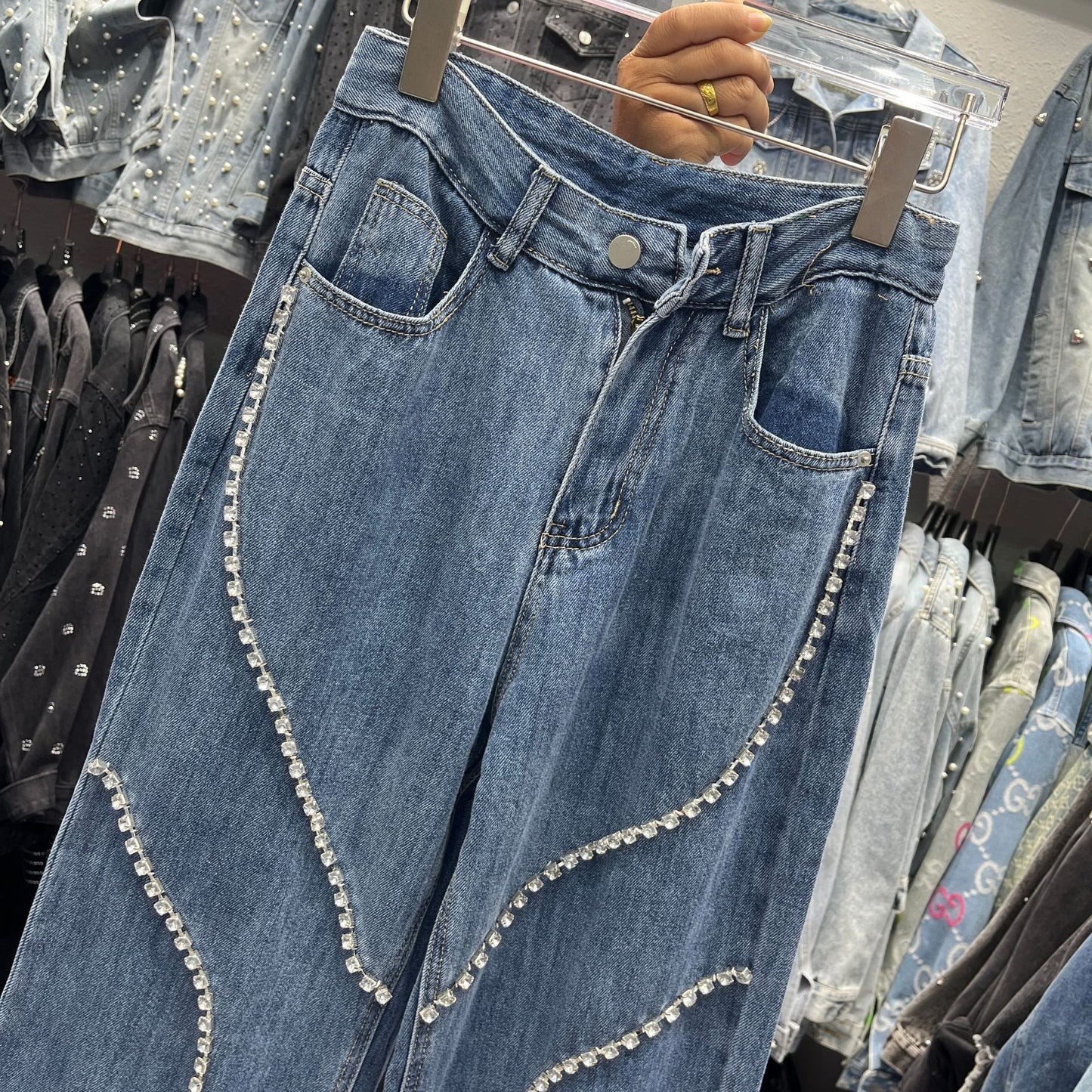 Rhinestone Design Wide-Leg Trousers