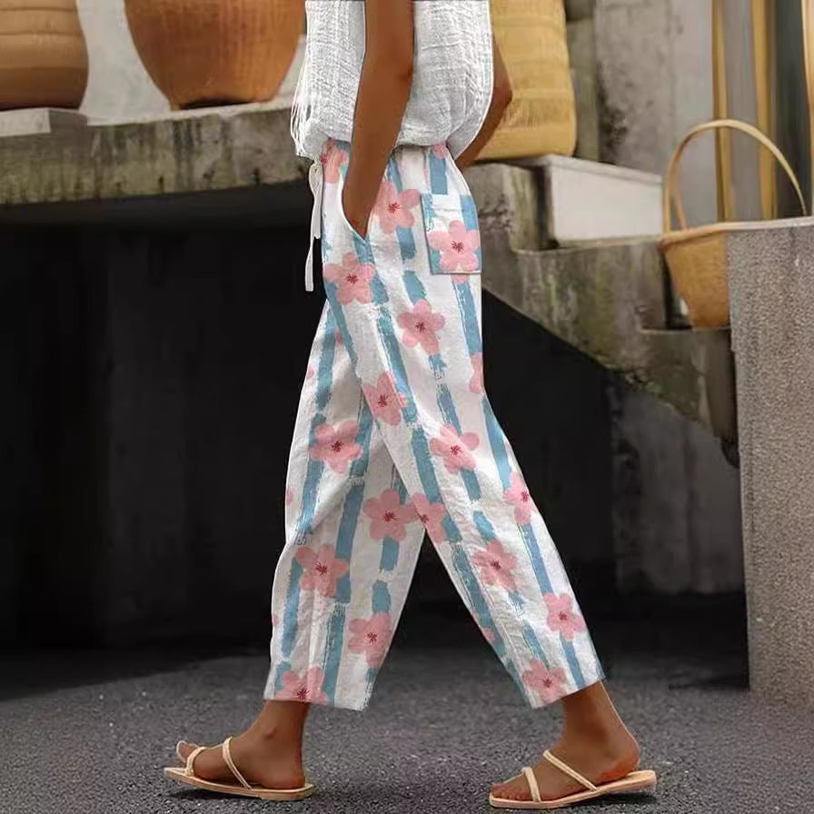 Casual Printed Elastic Waist Cropped Straight Pants with Pocket