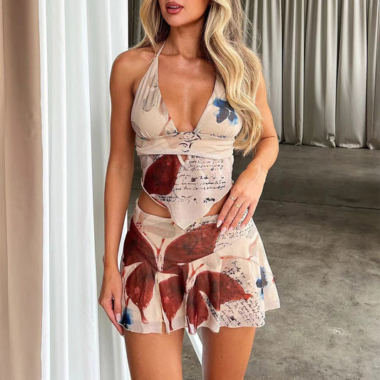 Printed Halter Top And Pleated Short Skirt Co-ord Set