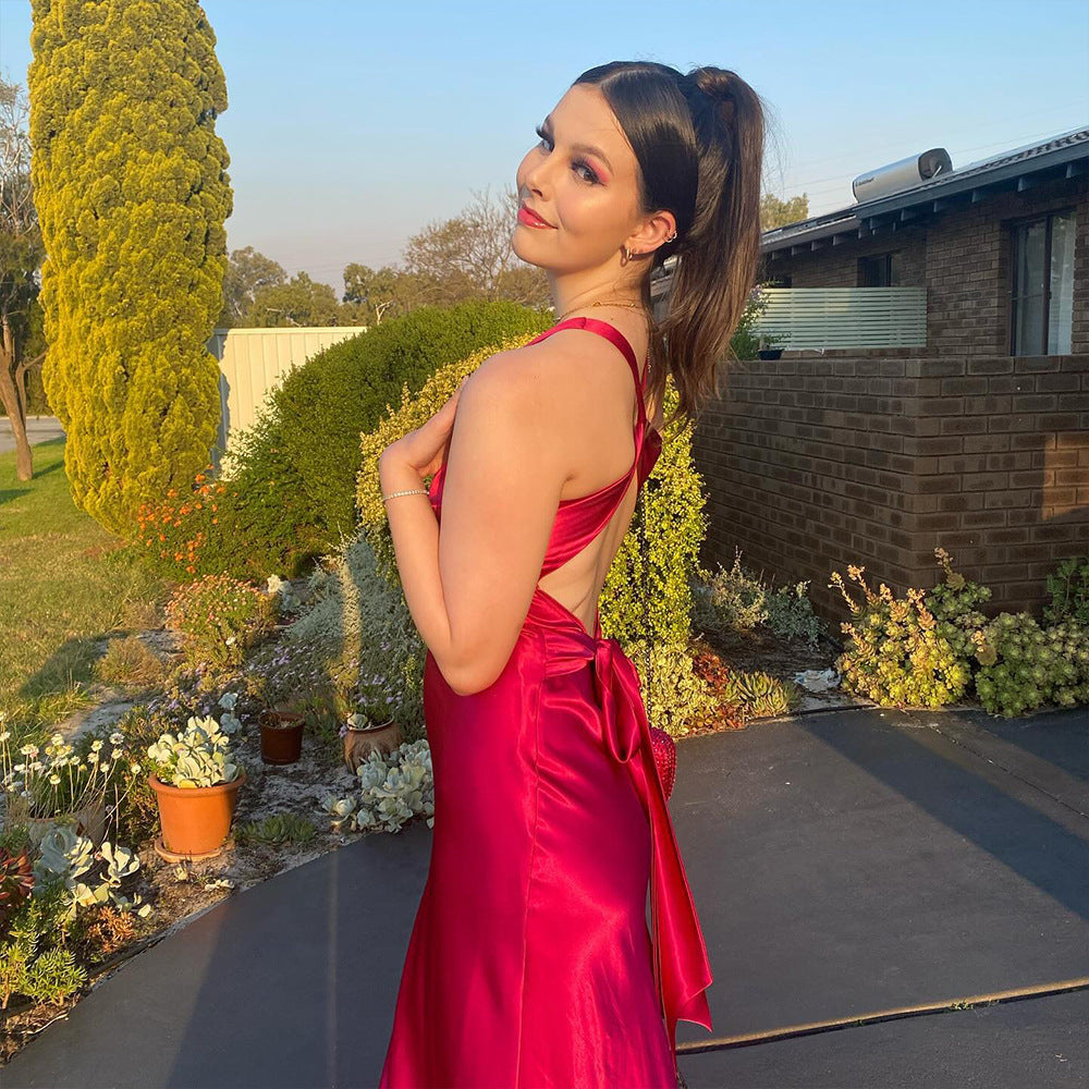 Backless Bow Satin Halter Dress