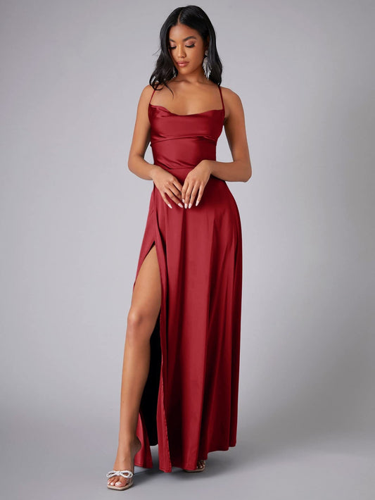 Satin Cowl Neck Wrap Style Gown Dress