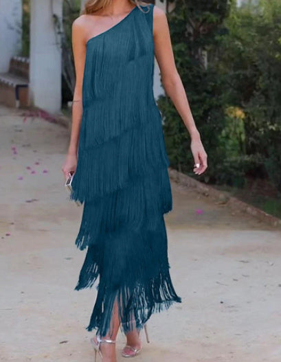 Tassel Tiered One-shoulder Dress
