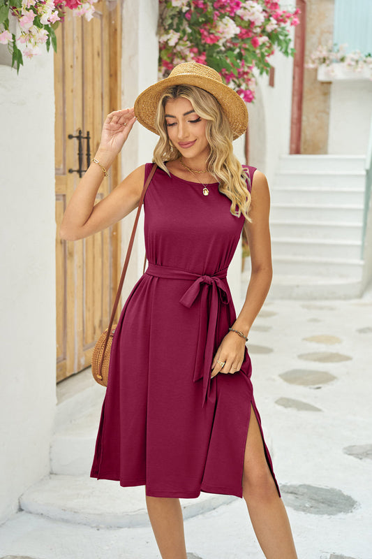 Sleeveless Pockets Waist Lace-up Slit Dress
