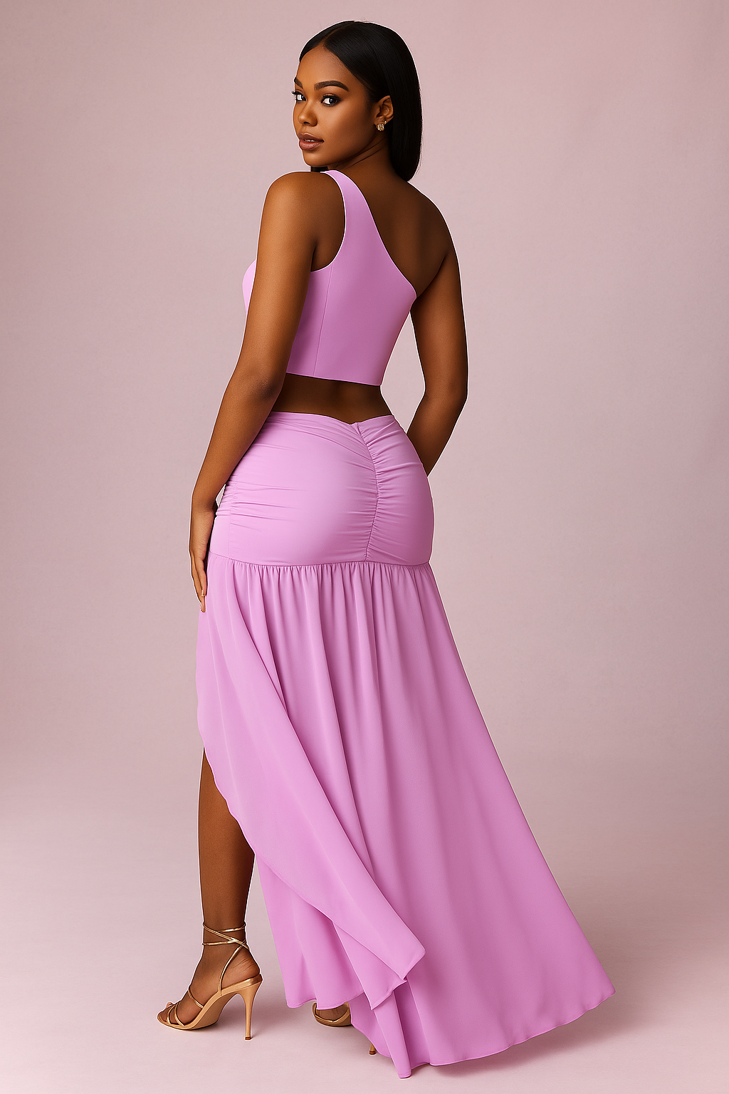 One-Shoulder Ruched Slit Maxi Co-ord Set