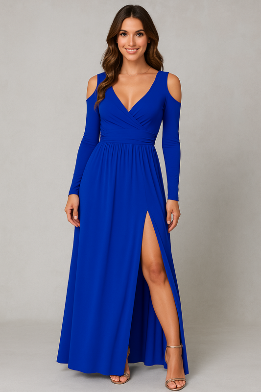 Long-sleeved V-neck Slit Dress