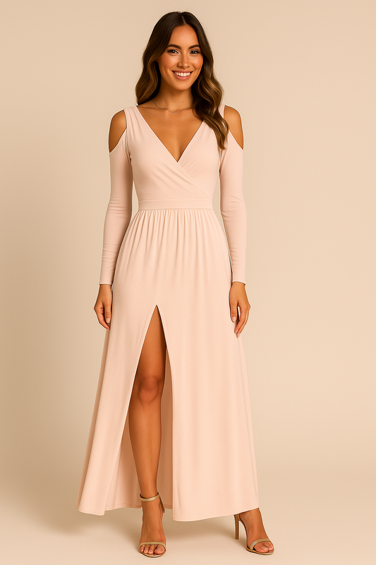 Long-sleeved V-neck Slit Dress