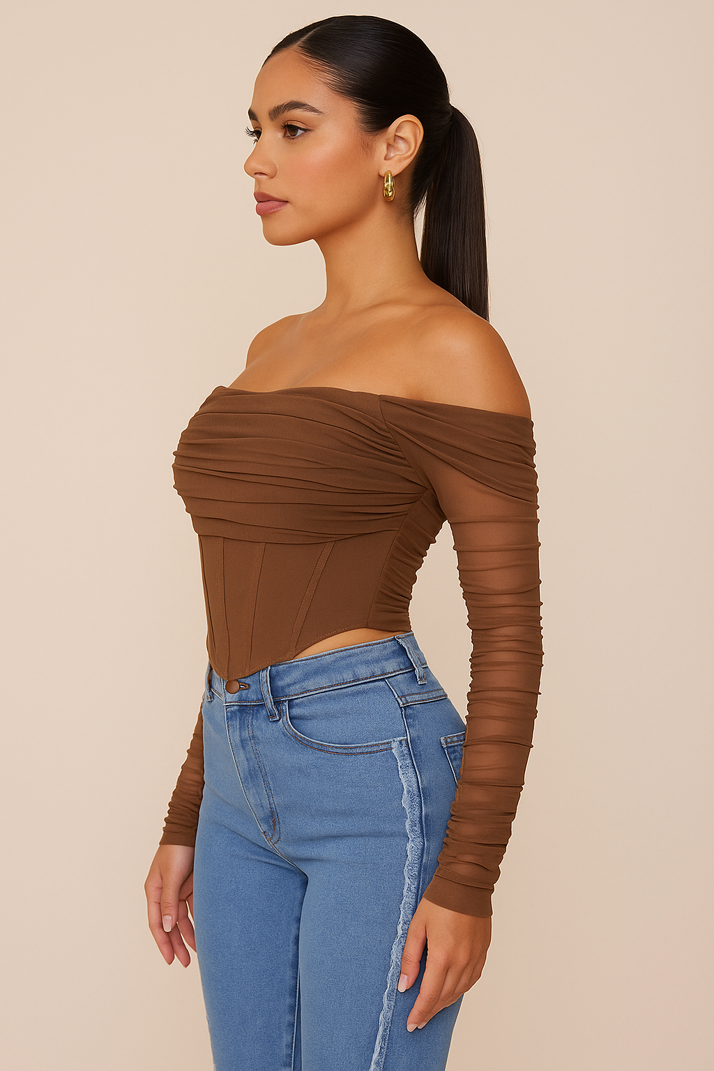 Off-shoulder Mesh Corset Top