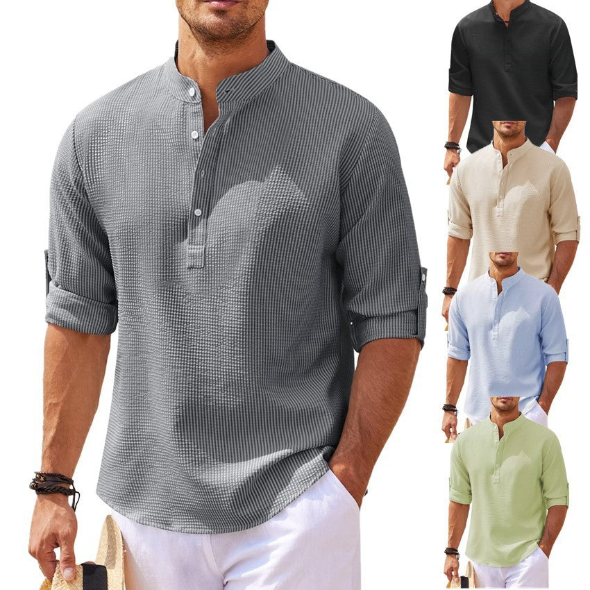 Chinese Collar Button-down Textured Shirt