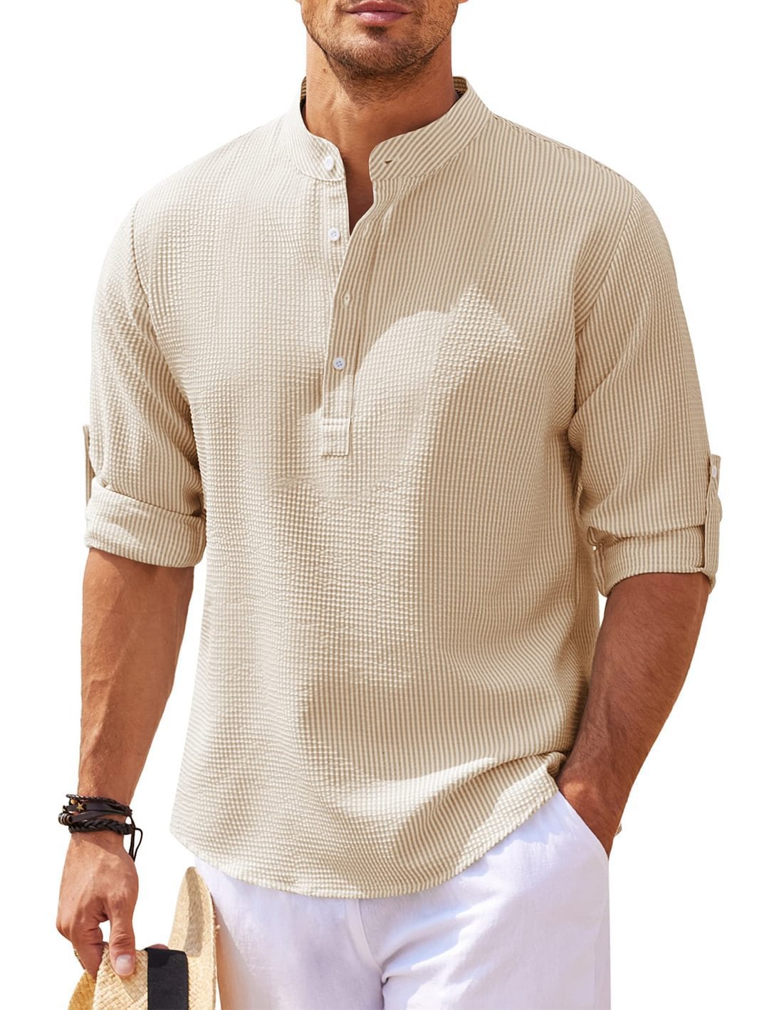 Chinese Collar Button-down Textured Shirt