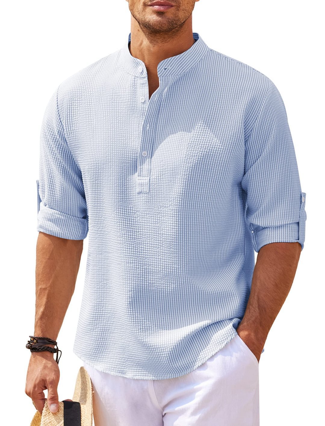 Chinese Collar Button-down Textured Shirt